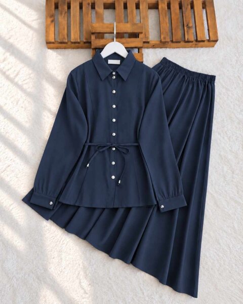 KANED PEPLUM DİKİŞLİ BELİ İPLİ ETEKLİ TAKIM 10006-12-LACİVERT - 1