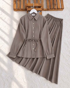 KANED PEPLUM DİKİŞLİ BELİ İPLİ ETEKLİ TAKIM 10006-25-VİZON - 