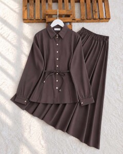 KANED PEPLUM DİKİŞLİ BELİ İPLİ ETEKLİ TAKIM 10006-37-KAHVE 