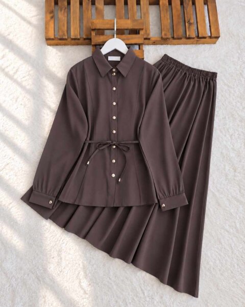 KANED PEPLUM DİKİŞLİ BELİ İPLİ ETEKLİ TAKIM 10006-37-KAHVE - 1