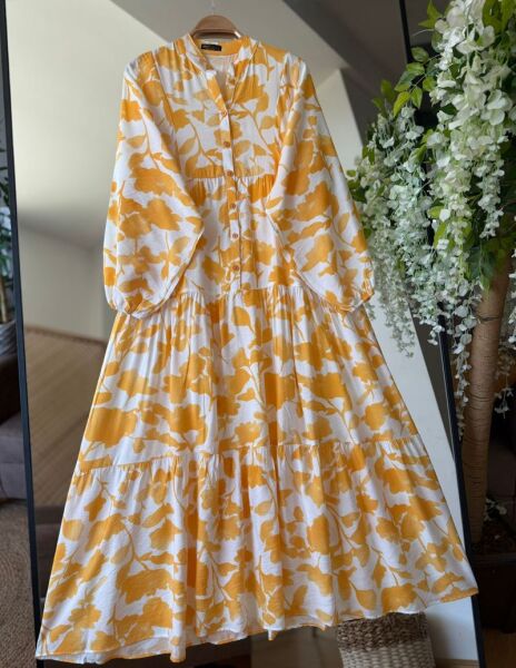 KAVU ÖNÜ PATLI DESENLİ YARIM DÜĞMELİ SALAŞ LİLYUM ELBİSE B7-1-2400-23-SARI - 1