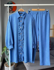 KERME TAŞLI DÜĞMELİ FIRFIRLI KETEN İKİLİ TAKIM A3-3-1530-11-İNDİGO - 