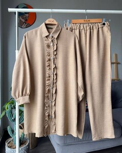 KERME TAŞLI DÜĞMELİ FIRFIRLI KETEN İKİLİ TAKIM A3-3-1530-48-BİSKÜVİ - 