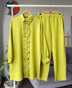 KERME TAŞLI DÜĞMELİ FIRFIRLI KETEN İKİLİ TAKIM A3-3-1530-70-YAĞ YEŞİLİ - 