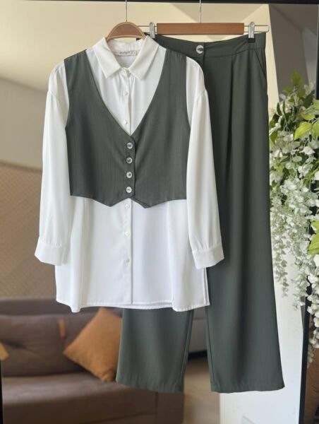 KEVDA ÖNÜ DÜĞMELİ YELEK PANTOLON İKİLİ TAKIM C6-1601-09-HAKİ - 1