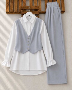 KEVDA ÖNÜ DÜĞMELİ YELEK PANTOLON İKİLİ TAKIM 1601-26-GRİ - 