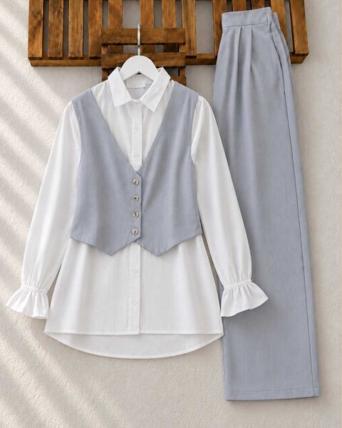 KEVDA ÖNÜ DÜĞMELİ YELEK PANTOLON İKİLİ TAKIM 1601-26-GRİ - 1