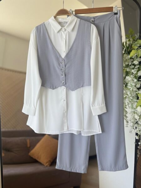 KEVDA ÖNÜ DÜĞMELİ YELEK PANTOLON İKİLİ TAKIM C6-1601-26-GRİ - 1