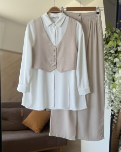 KEVDA ÖNÜ DÜĞMELİ YELEK PANTOLON İKİLİ TAKIM C6-1601-34-BEJ - 1