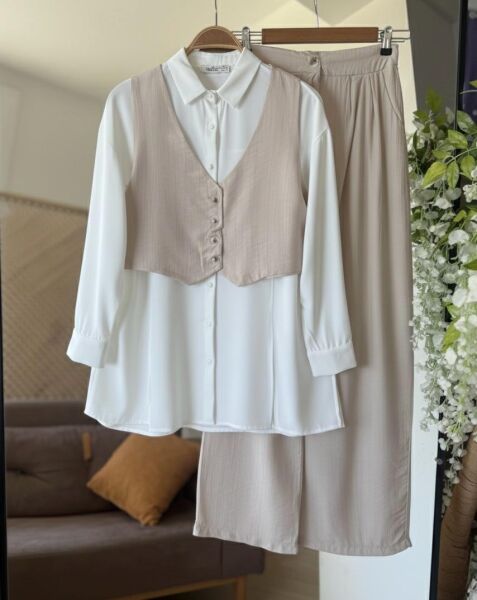 KEVDA ÖNÜ DÜĞMELİ YELEK PANTOLON İKİLİ TAKIM C6-1601-34-BEJ - 1