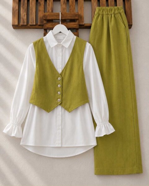 KEVDA ÖNÜ DÜĞMELİ YELEK PANTOLON İKİLİ TAKIM 1601-70-YAĞ YEŞİLİ - 1