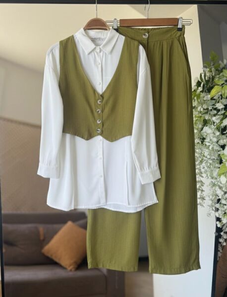 KEVDA ÖNÜ DÜĞMELİ YELEK PANTOLON İKİLİ TAKIM C6-1601-70-YAĞ YEŞİLİ - 1