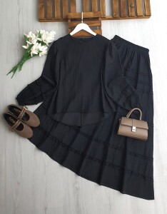 KİLME KOL VE ETEK KAT KAT FIRFIRLI NUBUK CUPRA ETEKLİ TAKIM 1720-01-SİYAH - 