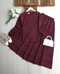 KİLME KOL VE ETEK KAT KAT FIRFIRLI NUBUK CUPRA ETEKLİ TAKIM 1720-04-BORDO - 