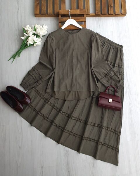 KİLME KOL VE ETEK KAT KAT FIRFIRLI NUBUK CUPRA ETEKLİ TAKIM A6-3-1720-09-HAKİ - 1