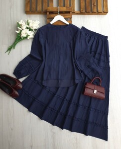 KİLME KOL VE ETEK KAT KAT FIRFIRLI NUBUK CUPRA ETEKLİ TAKIM 1720-12-LACİVERT - 