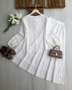 KİLME KOL VE ETEK KAT KAT FIRFIRLI NUBUK CUPRA ETEKLİ TAKIM 1720-20-BEYAZ - 