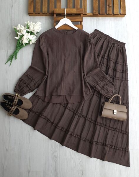 KİLME KOL VE ETEK KAT KAT FIRFIRLI NUBUK CUPRA ETEKLİ TAKIM 1720-37-KAHVE - 1