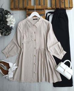 KOEN FIRFIRLI TEK CEP FIRFIR YAN DİKİŞLİ GÖMLEK TUNİK A9-1-5563-34-BEJ - 1