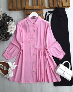 KOEN FIRFIRLI TEK CEP FIRFIR YAN DİKİŞLİ GÖMLEK TUNİK A9-1-5563-47-PEMBE - 1