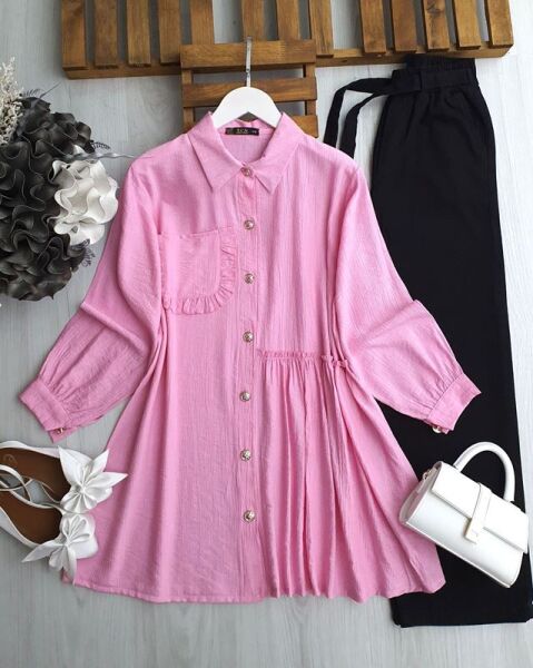 KOEN FIRFIRLI TEK CEP FIRFIR YAN DİKİŞLİ GÖMLEK TUNİK A9-1-5563-47-PEMBE - 1