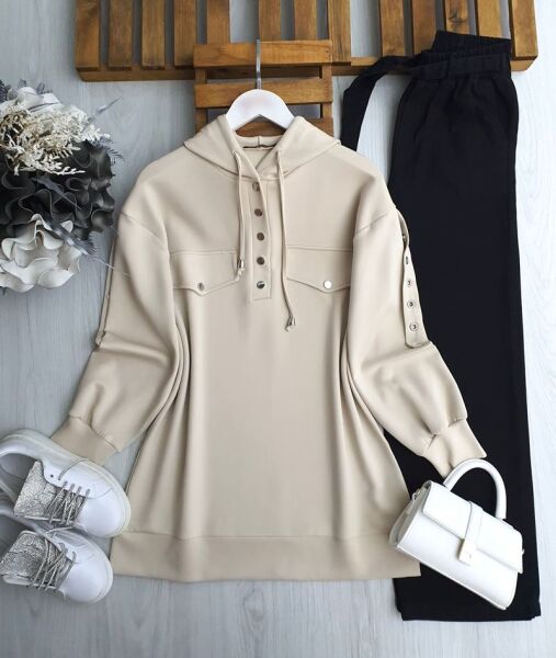 KOFL KUŞGÖZÜ KOL YARIM ÇIT ÇIT DÜĞMELİ CEP KAPAKLI TUNİK B3-6-5639-34-BEJ - 1