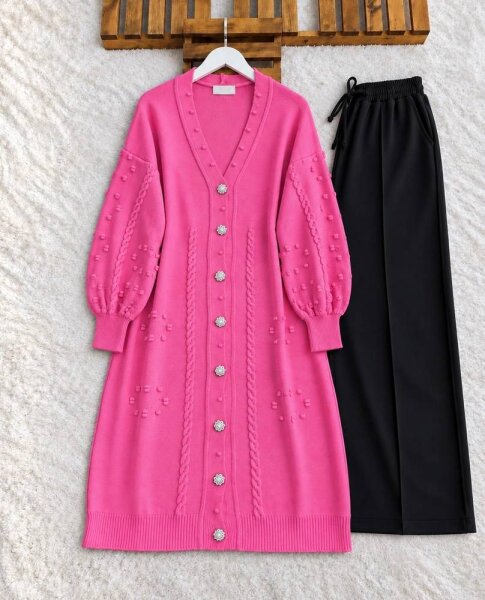 KOLEE TAŞLI DÜĞMELİ UZUN HIRKA 60035-47-PEMBE - 1