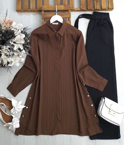 KOLGA YAN DÜĞMELİ SALAŞ GÖMLEK TUNİK B11-2-5496-37-KAHVE - 