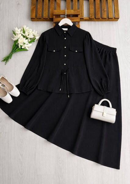 KOLN BELİ TÜNEL BAĞLAMALI CEP KAPAKLI KİLOŞ ETEKLİ TAKIM B10-2-1726-01-SİYAH - 1