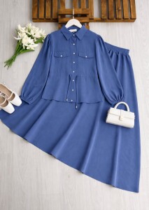 KOLN BELİ TÜNEL BAĞLAMALI CEP KAPAKLI KİLOŞ ETEKLİ TAKIM B10-2-1726-11-İNDİGO - 1