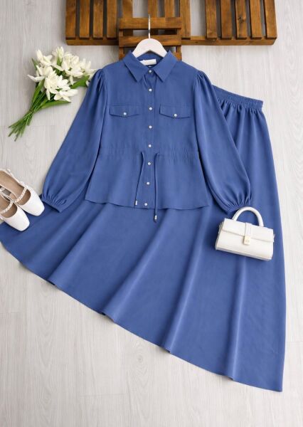 KOLN BELİ TÜNEL BAĞLAMALI CEP KAPAKLI KİLOŞ ETEKLİ TAKIM B10-2-1726-11-İNDİGO - 1