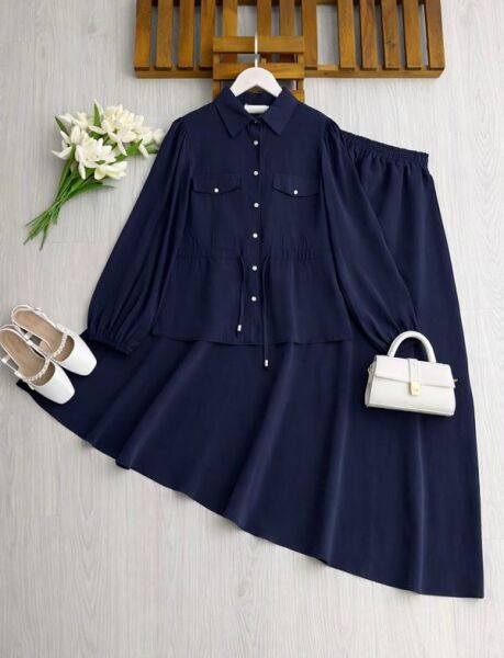 KOLN BELİ TÜNEL BAĞLAMALI CEP KAPAKLI KİLOŞ ETEKLİ TAKIM B10-2-1726-12-LACİVERT - 1