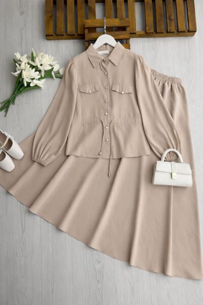 KOLN BELİ TÜNEL BAĞLAMALI CEP KAPAKLI KİLOŞ ETEKLİ TAKIM B10-2-1726-34-BEJ - 1