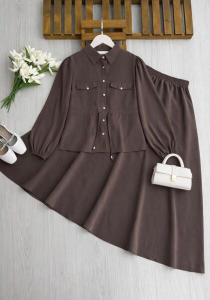 KOLN BELİ TÜNEL BAĞLAMALI CEP KAPAKLI KİLOŞ ETEKLİ TAKIM B10-2-1726-37-KAHVE - 1