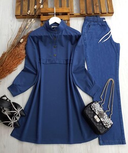 KOLNE YARIM ÇITÇIT DÜĞMELİ SALAŞ TUNİK A6-1-5367-11-İNDİGO - 