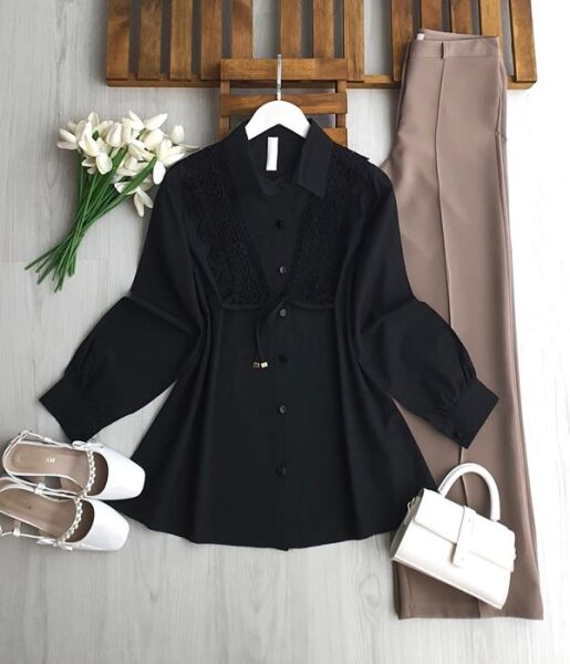 KOVG BAĞCIKLI GÜPÜRLÜ GÖMLEK TUNİK B3-2-5732-01-SİYAH - 1