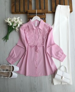 KOVG BAĞCIKLI GÜPÜRLÜ GÖMLEK TUNİK B3-2-5732-05-PUDRA - 1