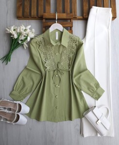 KOVG BAĞCIKLI GÜPÜRLÜ GÖMLEK TUNİK B3-2-5732-07-YEŞİL - 1