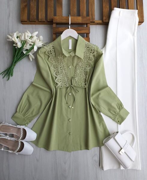 KOVG BAĞCIKLI GÜPÜRLÜ GÖMLEK TUNİK B3-2-5732-07-YEŞİL - 1