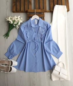 KOVG BAĞCIKLI GÜPÜRLÜ GÖMLEK TUNİK B3-2-5732-10-MAVİ - 1