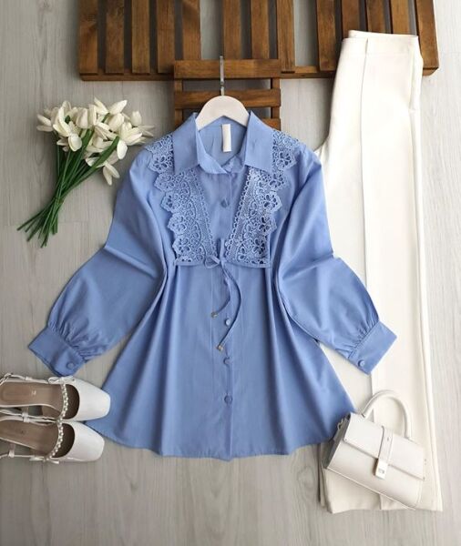 KOVG BAĞCIKLI GÜPÜRLÜ GÖMLEK TUNİK B3-2-5732-10-MAVİ - 1