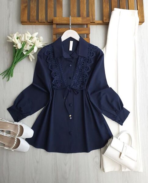 KOVG BAĞCIKLI GÜPÜRLÜ GÖMLEK TUNİK B3-2-5732-12-LACİVERT - 1