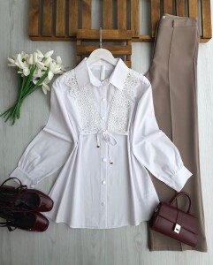 KOVG BAĞCIKLI GÜPÜRLÜ GÖMLEK TUNİK B3-2-5732-20-BEYAZ - 1