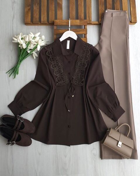 KOVG BAĞCIKLI GÜPÜRLÜ GÖMLEK TUNİK B3-2-5732-37-KAHVE - 1