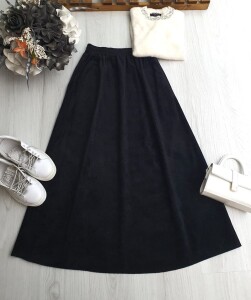 KOVGA BELİ LASTİKLİ SÜET GÖRÜNÜMLÜ ETEK 6077-01-SİYAH - 1