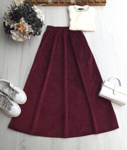 KOVGA BELİ LASTİKLİ SÜET GÖRÜNÜMLÜ ETEK 6077-18-MÜRDÜM - 1