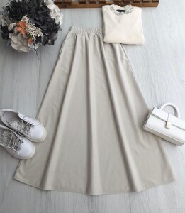 KOVGA BELİ LASTİKLİ SÜET GÖRÜNÜMLÜ ETEK 6077-34-BEJ - 1