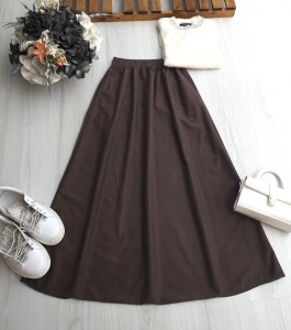 KOVGA BELİ LASTİKLİ SÜET GÖRÜNÜMLÜ ETEK 6077-37-KAHVE - 