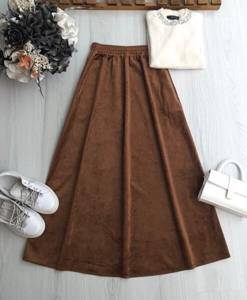 KOVGA BELİ LASTİKLİ SÜET GÖRÜNÜMLÜ ETEK 6077-43-CAMEL - 1