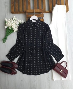 KULFE DESENLİ BELİ İPLİ SALAŞ GÖMLEK TUNİK A6-6-5704-01-SİYAH - 1